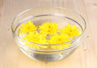 Bowl with yellow flowers on wooden background