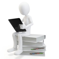 3d man sitting on a pile of books working with a tablet