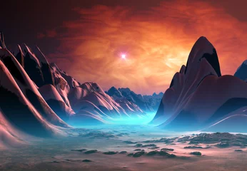 Fotobehang Buitenaardse planeet met bergen © diversepixel