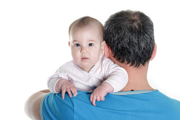 father and baby over white