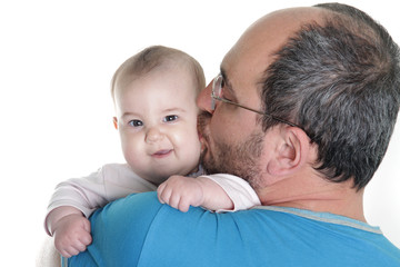 father and baby over white