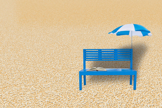 sun umbrella book and blue chairs on sand