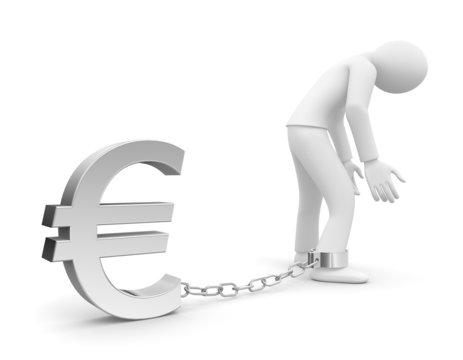 Personnage 3d prisonnier d'une dette ou de l'euro