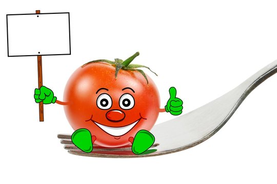 A cartoon tomato on a fork with copy space sign post