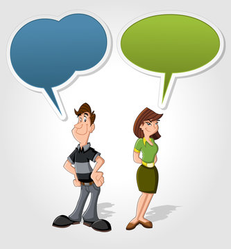 Cartoon man and woman talking with speech balloon