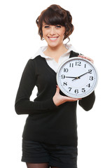 portrait of beautiful smiley woman with clock