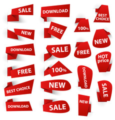 Set of red origami paper banners and stickers