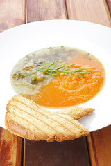 dual components vegetable soup with toasts