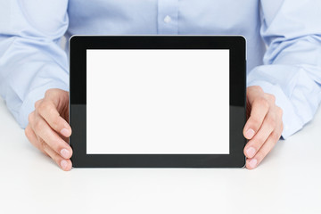 Office worker holding blank digital tablet with clipping path fo
