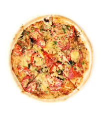 delicious pizza with sausage and vegetables isolated on white