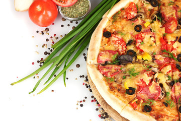 delicious pizza, vegetables, spices and oil isolated on white