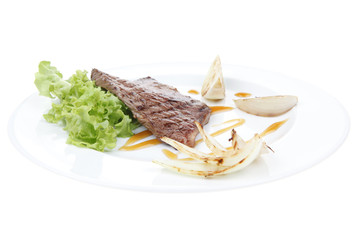 meat food : grilled steak on green lettuce salad