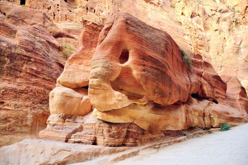 elephant shaped stone in wall of world wonder Petra, Jordan