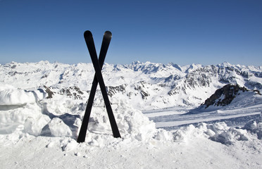 Pair of cross skis in snow