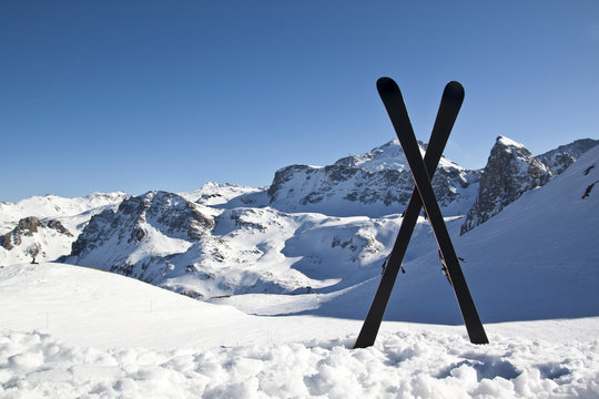 Pair of cross skis in snow