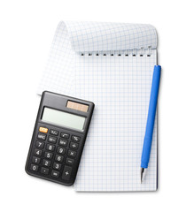 Pen on notebook and calculator isolated on white background