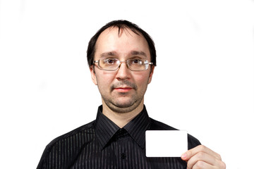 Solid men in black shirt with businesscard