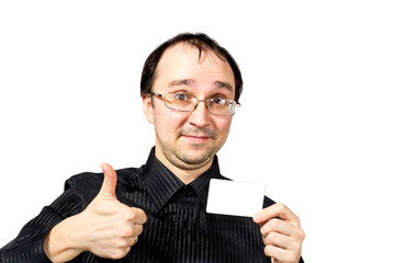 Solid men in black shirt recommends a businesscard