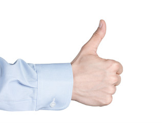 Male hand gesturing thumbs up or like symbol