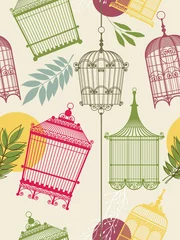 Cercles muraux Oiseaux en cages motif vintage avec des cages à oiseaux