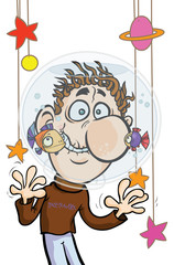 Funny crazy Man with an Aquarium on his head.