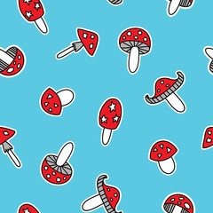 Seamless pattern with cute cartoon mushrooms