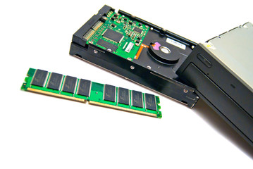 hard drive, cd-rom and computer memory on white