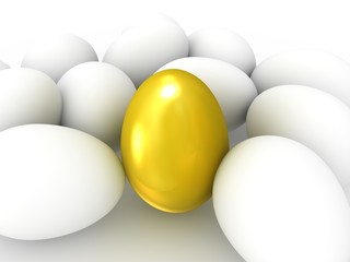 Golden egg among white eggs. Wealth concept.