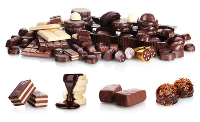 collage of assorted delicious chocolate bars, biscuits and