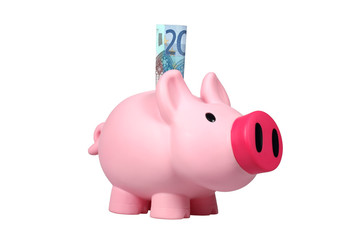 Piggy bank with Euro bill with clipping path.