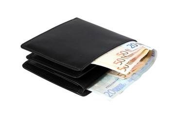 Wallet with euro banknotes isolated with clipping path.