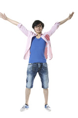 young asian happy man with hands lifted upwards