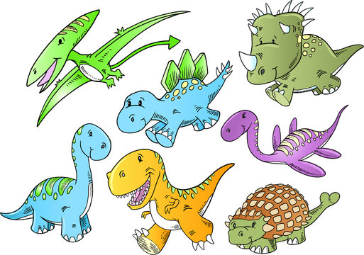 Cute Dinosaur Animal Vector Illustration Doodle Art Set