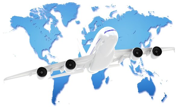 Airliner with globe map in the white background
