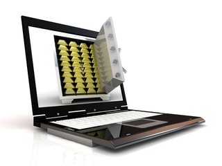 3D illustration of laptop with steel safe