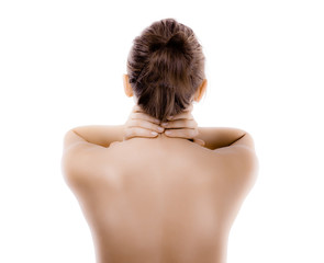 Fototapeta premium Woman massaging pain neck isolated on white background
