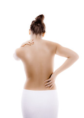 Woman massaging pain back isolated on white background