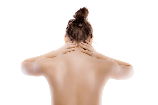 Woman Massaging Pain Neck Isolated On White Background