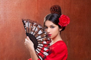 Gipsy flamenco dancer Spain girl with red rose - obrazy, fototapety, plakaty