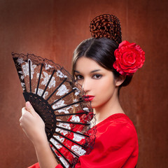 Flamenco dancer woman gipsy red rose  spanish fan