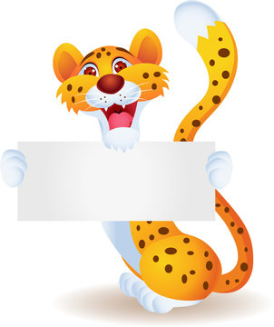 Cheetah cartoon with blank sign isolated