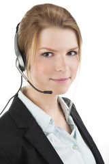 junge blonde frau mit headset