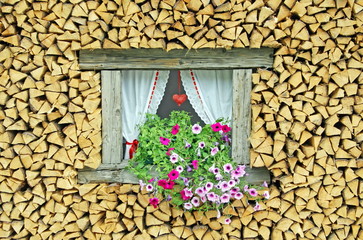 Fototapeta na wymiar ledge of a window surrounded by flowers freshly cut wood