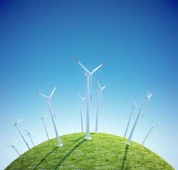 Wind turbines farm on a small green planet