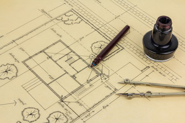 Plan, pen, ink and compass