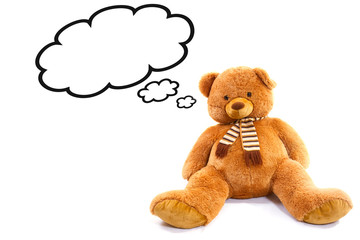 Teddy bear with copy space  thoughts cloud isolated on white