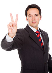 business man showing two fingers or victory gesture, isolated ov