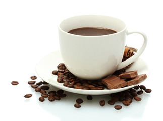 cup of coffee, beans and chocolate isolated on white