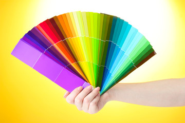 Obraz premium hand holding bright palette of colors on yellow background