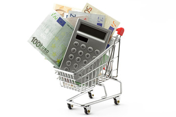 einkaufswagen mit euro und taschenrechner